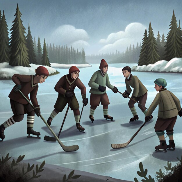 Photo a cartoon illustration of some hockey players playing ice hockey