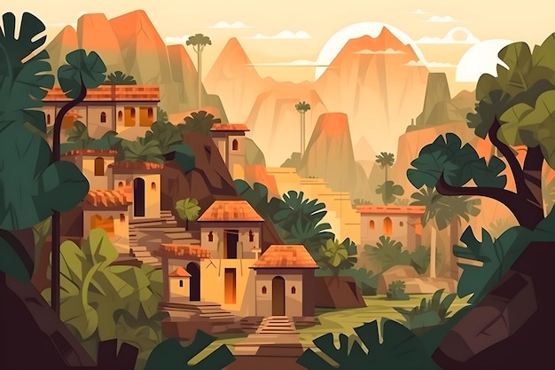 A cartoon illustration of a South American village in the mountains