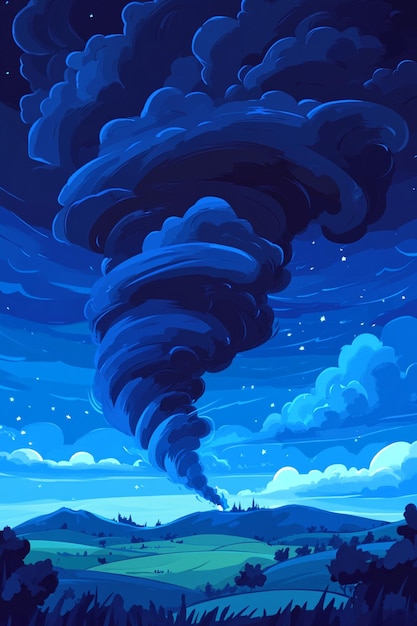 Cartoon illustration of a stormy landscape featuring a dark mini tornado in the background