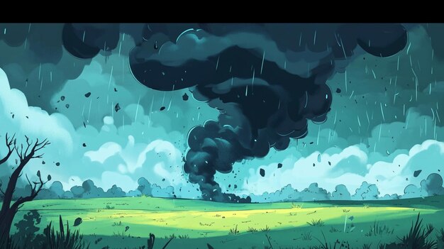 Cartoon illustration of a stormy landscape featuring a dark mini tornado in the background