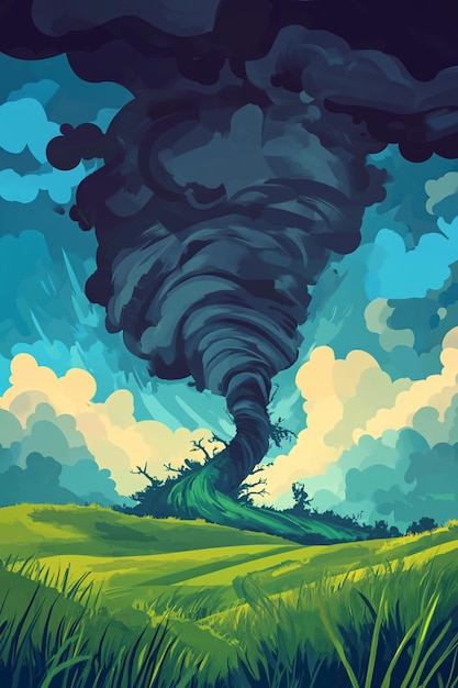 Cartoon illustration of a stormy landscape featuring a dark mini tornado in the background