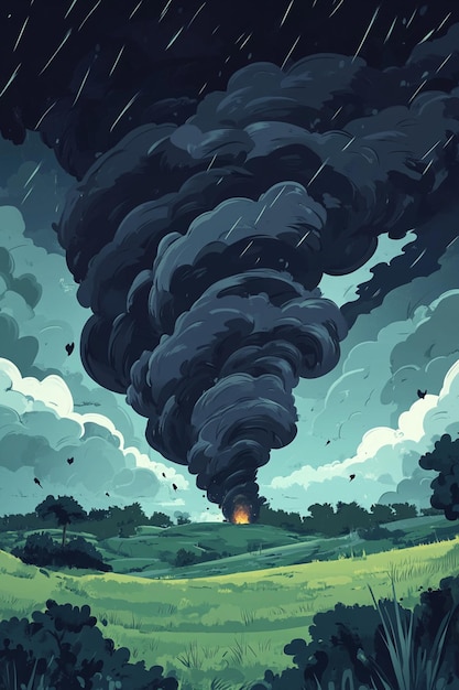 Cartoon illustration of a stormy landscape featuring a dark mini tornado in the background