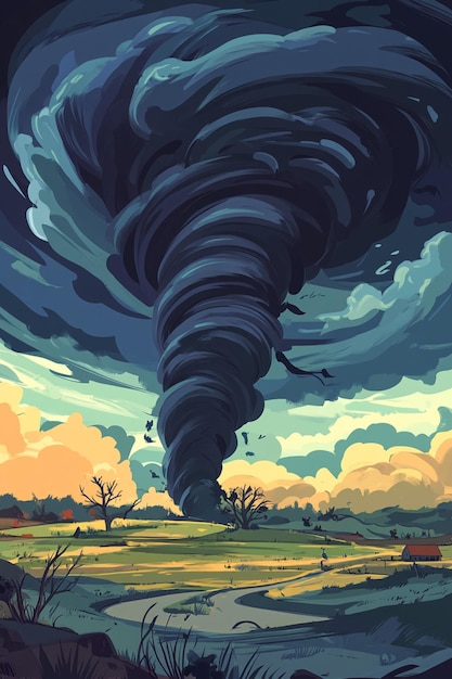 Cartoon illustration of a stormy landscape featuring a dark mini tornado in the background