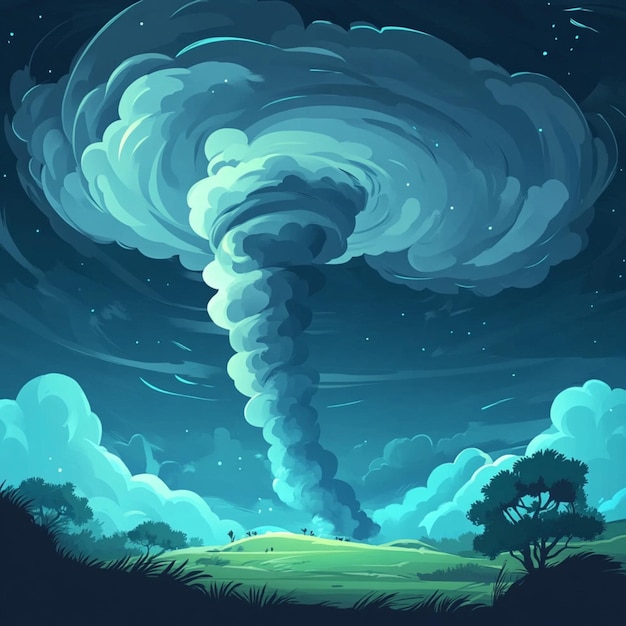 Cartoon illustration of a stormy landscape featuring a dark mini tornado in the background