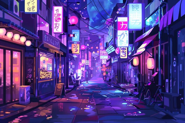 A cartoon illustration of the streets of Tokyo at night