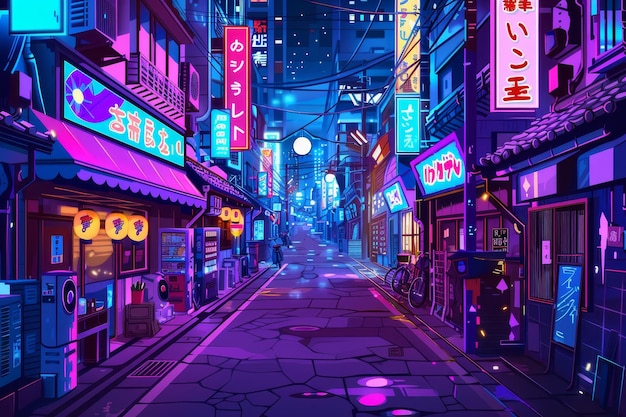 A cartoon illustration of the streets of Tokyo at night