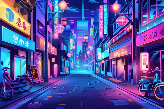 A cartoon illustration of the streets of Tokyo at night