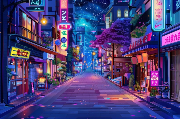 A cartoon illustration of the streets of Tokyo at night