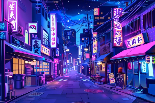 A cartoon illustration of the streets of Tokyo at night