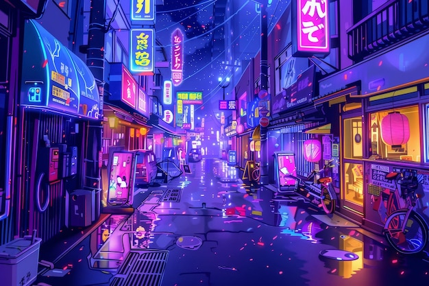 A cartoon illustration of the streets of Tokyo at night