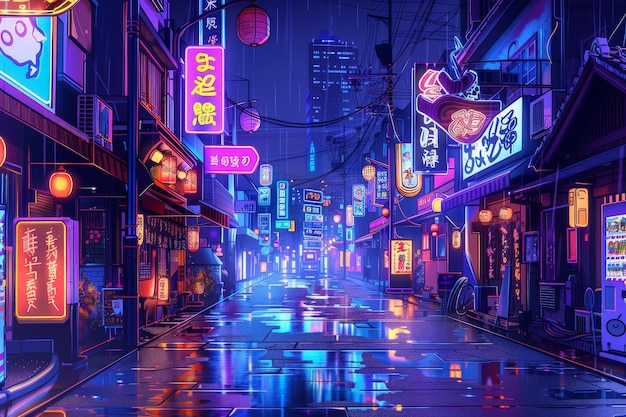 A cartoon illustration of the streets of Tokyo at night