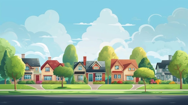 a cartoon illustration of a suburban neighborhood with trees and houses