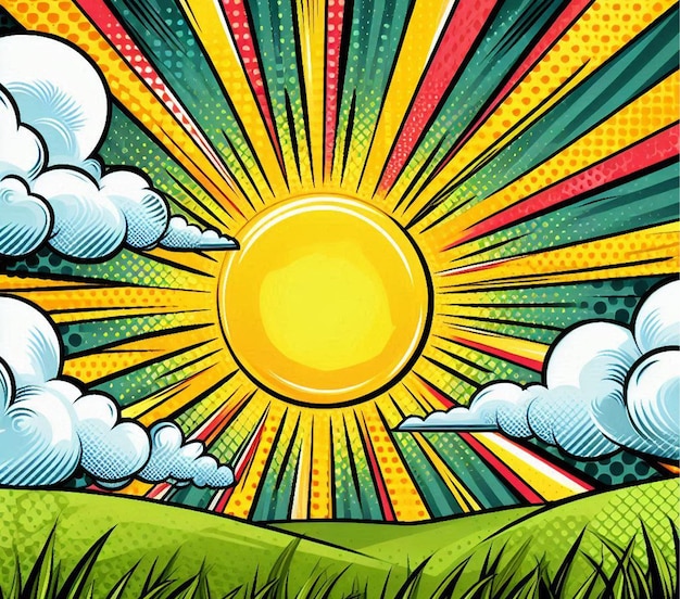 a cartoon illustration of a sun with clouds and a sun in the background