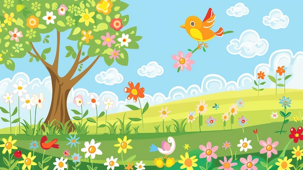 Photo cartoon illustration of a sunny day with a green tree and colorful flowers