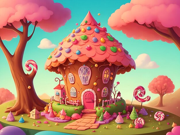 Cartoon illustration sweet candy house with fantasy trees funny cake and caramel ai generator