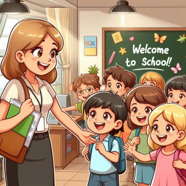 a cartoon illustration of a teacher with children in the classroom