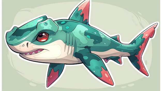 Cartoon Illustration of a Teal and Red Shark