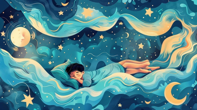 cartoon illustration of a teenage boy sleeping sweet dreams with stars moon flowers and green grass