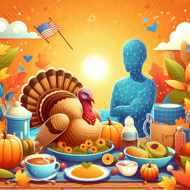 a cartoon illustration of a thanksgiving scene with a turkey and a plate of food