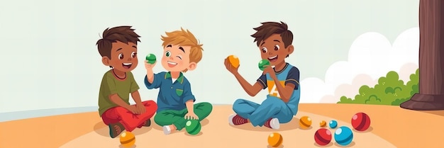 Photo cartoon illustration of three boys playing with toys in a park