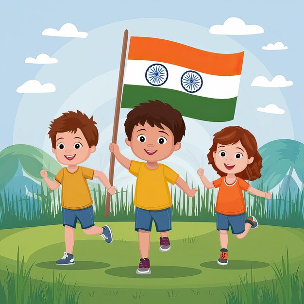 Photo a cartoon illustration of three children holding a flag with the words quot e quot on it