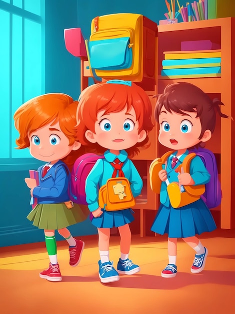 a cartoon illustration of three children with their backpacks.