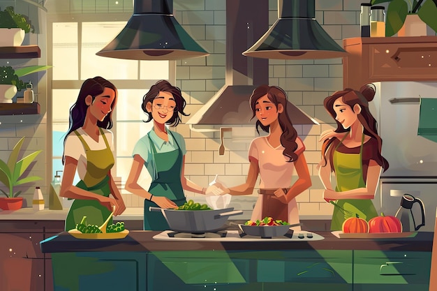 a cartoon illustration of three women cooking in a kitchen