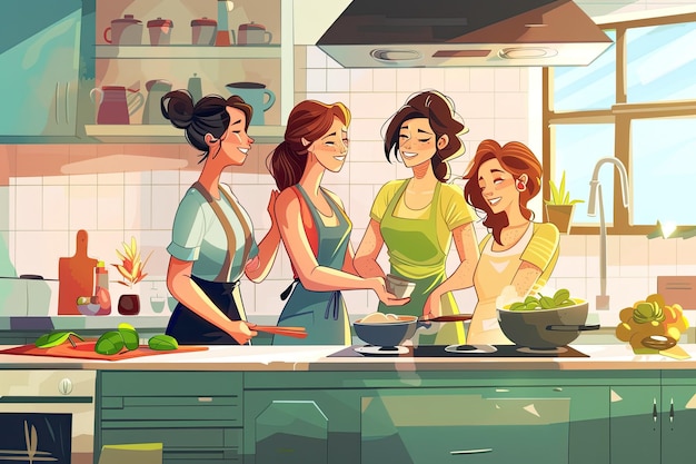 Photo a cartoon illustration of three women cooking in a kitchen