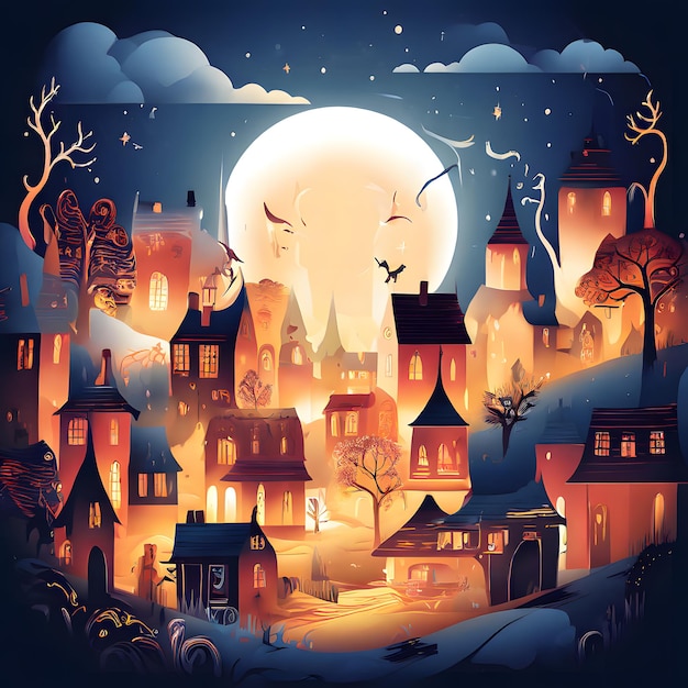 a cartoon illustration of a town with a moon and a house with a moon in the background