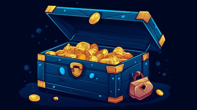 A cartoon illustration of a treasure chest with gold coins in it.