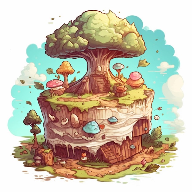 Cartoon illustration of a tree house on a cliff with mushrooms and mushrooms generative ai