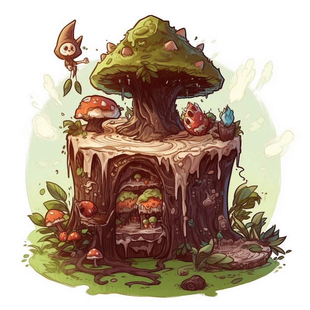 Cartoon illustration of a tree stump with a mushroom house and a bird generative ai