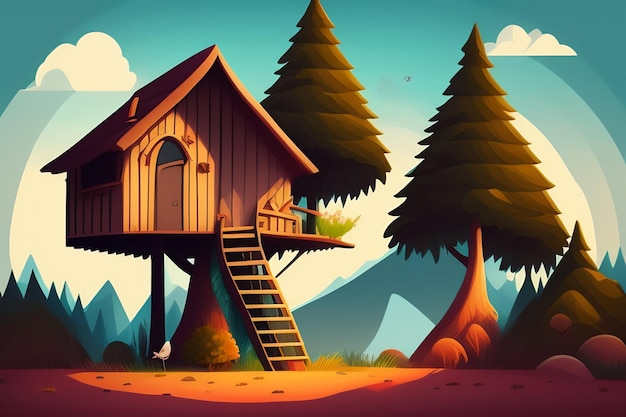 A cartoon illustration of a treehouse with a sky background.