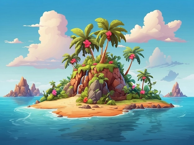 Photo a cartoon illustration of a tropical island with a beach and ocean in the background