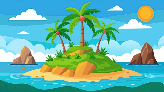 Photo a cartoon illustration of a tropical island with palm trees and a beach with a beach scene