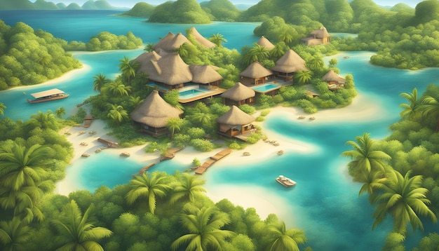 a cartoon illustration of a tropical island with palm trees and a beach