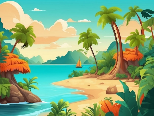 Photo a cartoon illustration of a tropical island with palm trees and a sailboat in the background