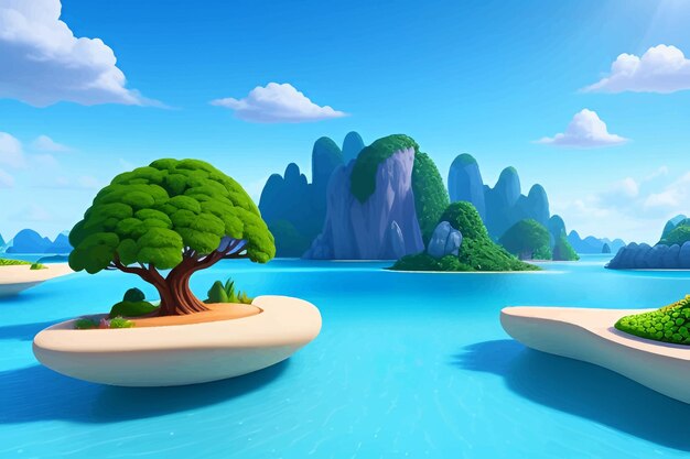 Photo a cartoon illustration of a tropical island with a tree on the water