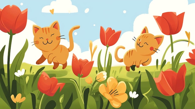 Photo a cartoon illustration of two cats in a field with flowers