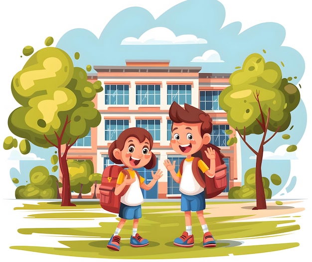 a cartoon illustration of two children with backpacks and backpacks