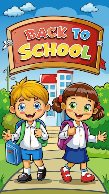 a cartoon illustration of two children with a school board behind them