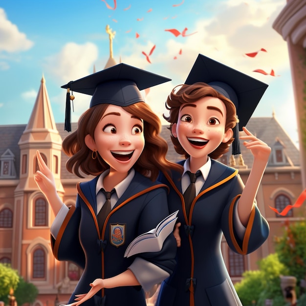 cartoon illustration of two female graduates in graduation gowns waving generative ai