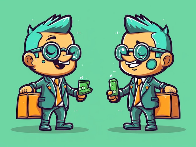 cartoon illustration of two men in business attire holding a cell phone generative ai