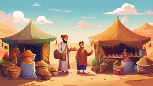 a cartoon illustration of two men selling food in a desert