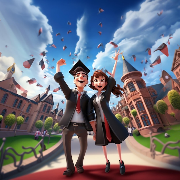 cartoon illustration of two people in graduation clothes standing on a red carpet generative ai