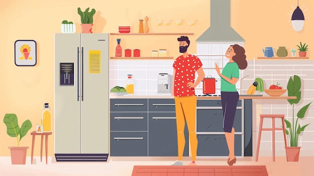 Photo a cartoon illustration of two people in a kitchen with a refrigerator and a stove