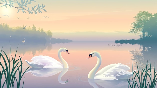 A cartoon illustration of two swans swimming in a lake with a mountain range in the background