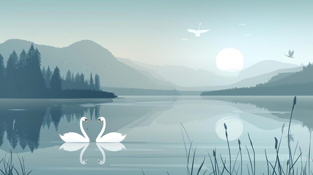 Photo a cartoon illustration of two swans swimming in a lake with a mountain range in the background