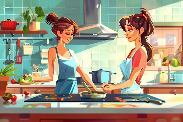 a cartoon illustration of two women cooking in a kitchen