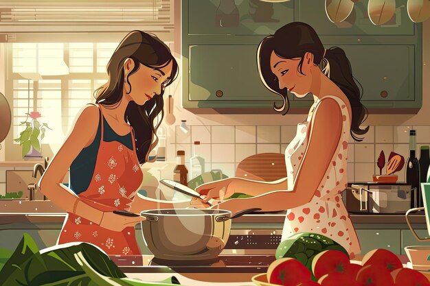 a cartoon illustration of two women cooking in a kitchen